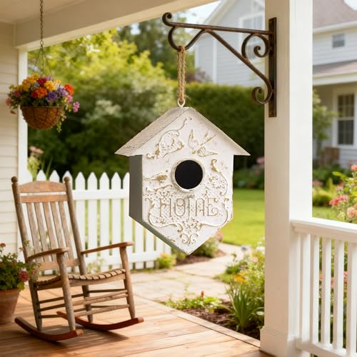 Vintage Metal Hanging Birdhouse, Decorative Bird House with Home Engraving, Distressed Design White and Gold Bird Home, Ideal for Outdoor Garden Decor - color: White-Home