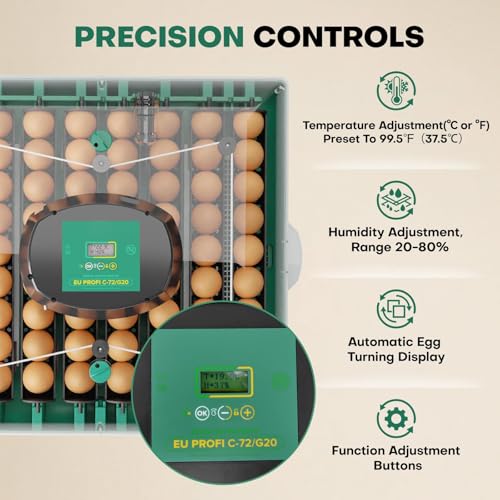 72 Eggs Hatching Incubator for Chicken/Duck/Quail | Automatic Egg Turner, Humidity Control, Digital Temp, 360° Clear View, Ideal for Lab School Farm