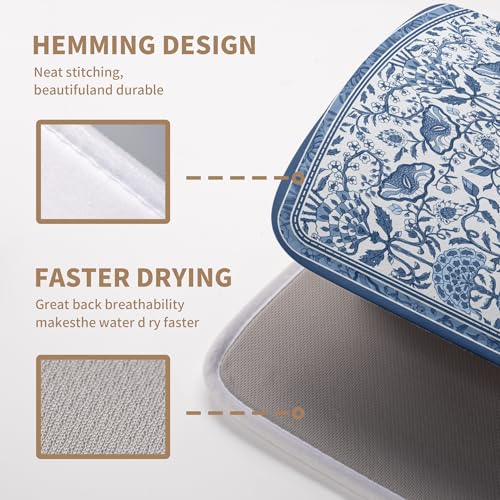 Blue Floral Dish Drying Mat for Kitchen Counter Boho Flowers Dishes Drainer Mats Rustic Farmhouse Microfiber Absorbent Dish Draining Spring Summer Reversible Dish Rack Pad Large 18x24 Inch - color: Blue Floral, size: 18" x 24"