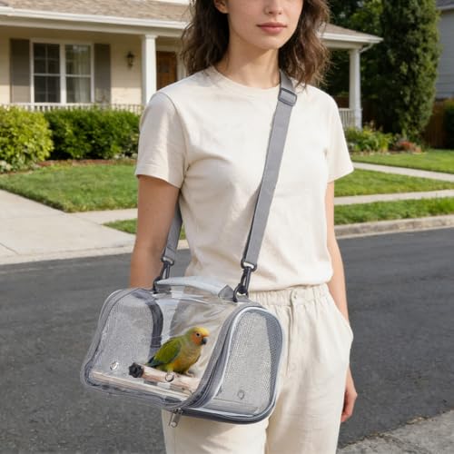 Bird Carrier Backpack Gray Travel Cage with Clear PVC Window and Breathable Mesh Portable Bird Carrier Bag for Small Birds Parrot Cockatiel Parakeet to Vet Visit and Outdoor Adventure