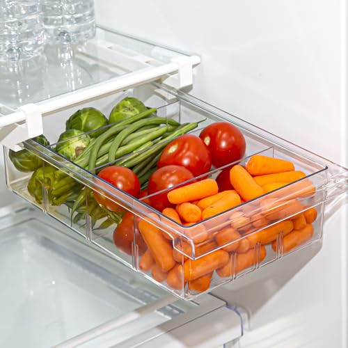 BINO | Pull-out Fridge Organizer | THE HANGER COLLECTION | Fridge Drawer Organizer with 2 Dividers | Clear Pantry Drawer Organizers | Shelf Holder Storage Drawers for Fruits, Veggies & Drinks