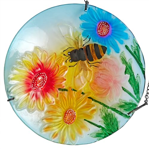 Alpine Corporation KBD126 Outdoor Hanging Glass Bird Feeder and Birdbath, Floral and Bee Bowl Design with Chain, 10" W - style: Floral and Bee