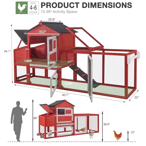 Mobile Chicken Coop with Wheels for 4-6 Chickens, Large Outdoor Hen House with Run, Weatherproof Asphalt Roof, Sectionable Nesting Box & Pull-Out Tray, 82.4" L x 25.8" W x 44.1" H - Red - size: 82.4"L x 25.8"W x 44.1"H