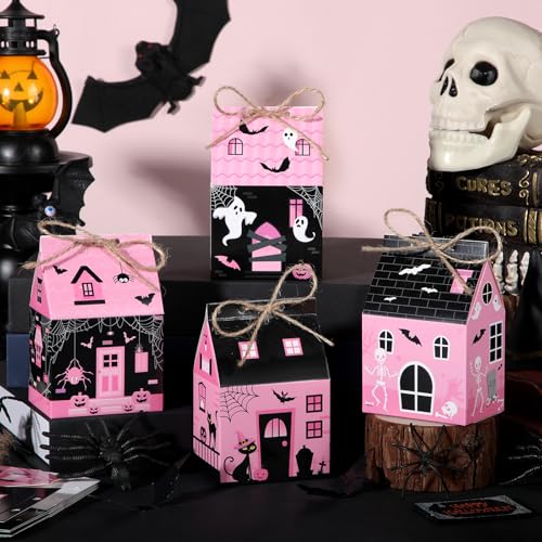 Zhanmai 48 Pcs Pink Halloween Treat Boxes Mini Black Castle House Candy Pink Box Small Halloween Paperboard Gift Container for Holiday Party Treat Cookie Goodie Snack Gift Packaging - style: Pink Halloween