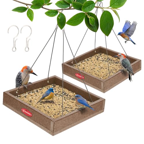 Kingsyard Platform Bird Feeder for Outdoors, Hanging Tray, 2 Pack | Recycled Poly Lumber, Weatherproof, 11x11 Tray, Holds up to 3 lbs Seeds or Mealworms, Easy Clean & Refill, Brown - color: Brown