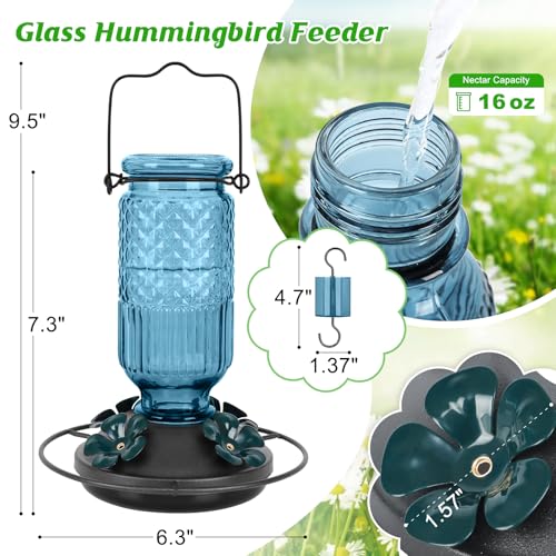 Glass Hummingbird Feeder for Outdoors Hanging, 16 oz Leak-Proof Nectar Feeder with Bee Guards & Ant Moat, 4 Metal Flower Feeding Ports, 360° Perch Ring, Easy Refill & Clean, Blue - color: Blue