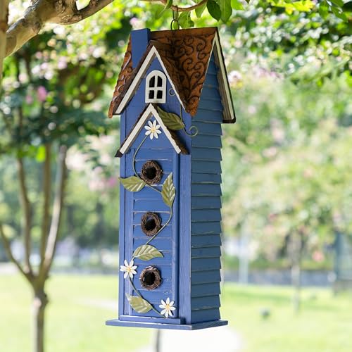 Glitzhome Bird Houses for Outside,Hand Painted Hanging Bird House for Outdoors, 24.25" H Oversized 3-Tiered Villa Decorative Wooden Bird Houses Large Birdhouse for Garden, Washed Blue - color: 24.25"H Blue