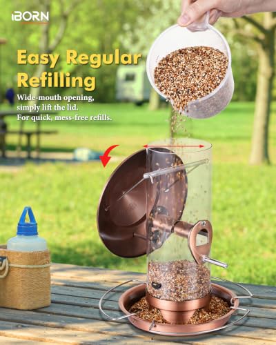 Bird feeders for Outdoors Metal Chew Resistant Copper-Plating, 1PK | Metal Roof, Metal Tray, Stainless Hanger, Flip-Top Fill, 3 stainless Perches with 2 Feeding Ports, Easy-Clean, 1.5LB - color: Copper-Plating