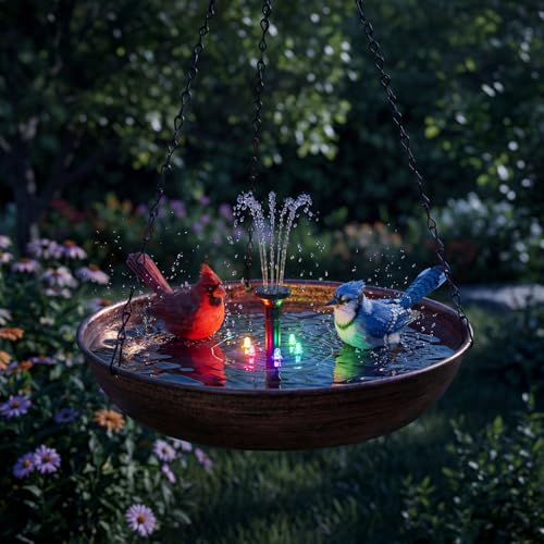 Edenseelake Hanging Bird Bath with Multii-Color Light Solar Powered Fountain for Outside, Metal Bird Feeder with Detachable Bowl for Outdoors Lawn Patio Yard Garden Decor