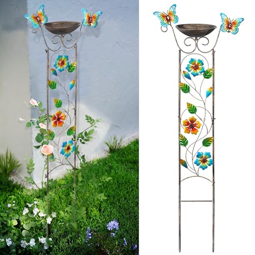 SUNNYPARK 43.5 Inch Metal Bird Bath Bowl with Garden Trellis Outdoor | Easy install, Garden birdbath and Plants Trellis 2 in 1, Decorative with Floral, Functional Decor for Yard Patio Lawn - size: Floral-Butterfly