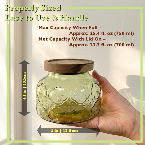 Decorative Green Embossed Glass Jar with Airtight Wooden Lid, 25.4 fl. oz | Wide mouth vintage storage canister, kitchen pantry bathroom organization, coffee sugar tea cookie candy candle vase gift - size: 25.4 Ounces, style: Green Celandine