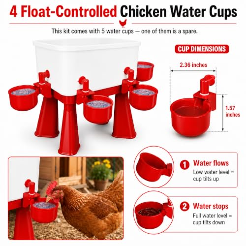 3 Gallon Chicken Waterer with 10 Chicken Water Cups, No Spill Poultry Waterer Bucket with Stand Legs, Hooks and Screws, Chicken Water Feeder for Coop, Ducks, Hens, Farm (Red, Auto-1pcs) - color: Red, size: Auto-1pcs