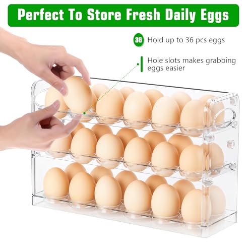 Clear Egg Holder for 36 Eggs, Egg Storage for Refrigerator, PET Egg Container for Kitchen Countertop, Egg Dispenser, Egg Tray