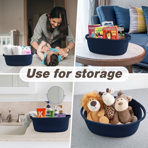 Pro Goleem Small Woven Basket with Gift Bags and Ribbons Durable Baskets for Gifts Empty Small Rope Basket for Storage 12"X 8" X 5" Baby Toy Baskets with Handles, Navy Blue - color: navy blue