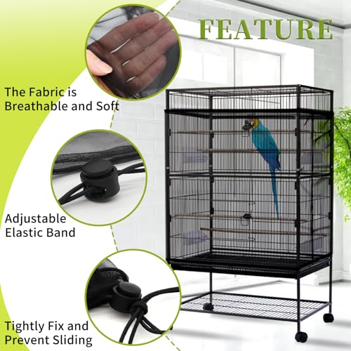Daoeny 2PCS Bird Cage Seed Catcher, Large Bird Cage Cover, Adjustable Soft Airy Nylon Mesh, Birdcage Cover Skirt Seed Guard for Parrot Parakeet Macaw Round Square Cages (Black & White) - color: Black & White
