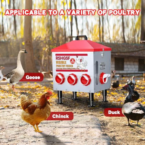 Stainless Steel Automatic Chicken Feeder, 55 lb, 8 Feeding Ports, Waterproof, Rodent Free, Outdoor Metal Poultry Feeder with Adjustable Anti-Slip Feet