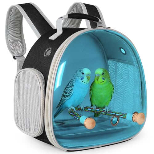 Polarized Tinted Blue Bubble Small Bird Carrier Travel Cage, Portable Bird Carry Backpack with Stainless Steel Tray and Standing Perch for Parakeet Cockatiel Budgies - color: Blue
