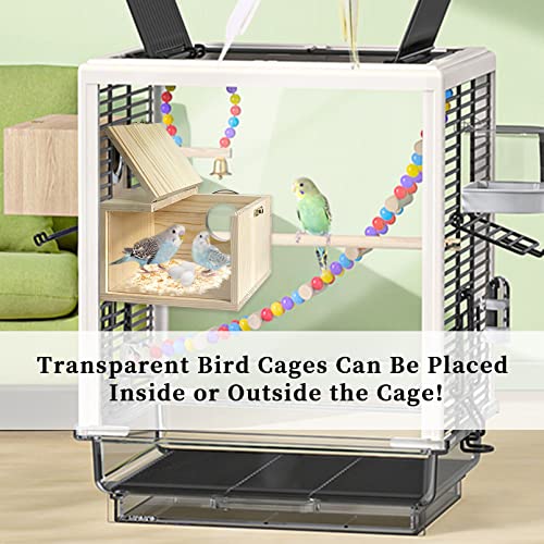 Transparent Parakeet Nesting Box,Wooden Parrot Nest Breeding Box with Perch Natural Bird House for Cage Suitable for Lovebirds Cockatiels Canaries