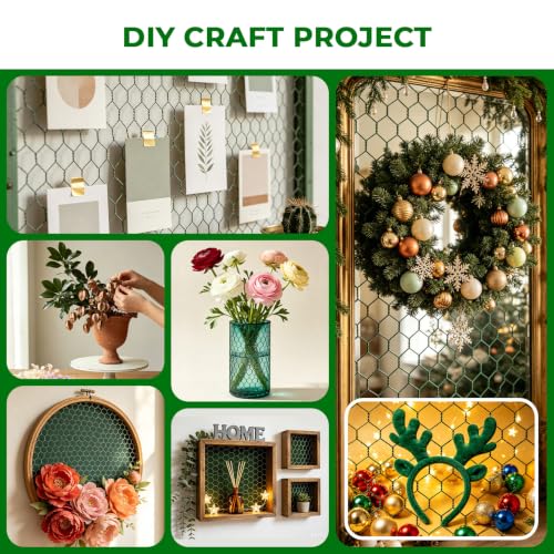 Chicken Wire for Floral Arrangements, Green Flower Mesh Netting | 15.7 x 394 inch, PVC Coated, Poultry Garden Fence Mesh, w/Zip Ties Pliers Gloves, Plant Protectors from Animals, DIY Crafts - size: 15.7 x 394 inch