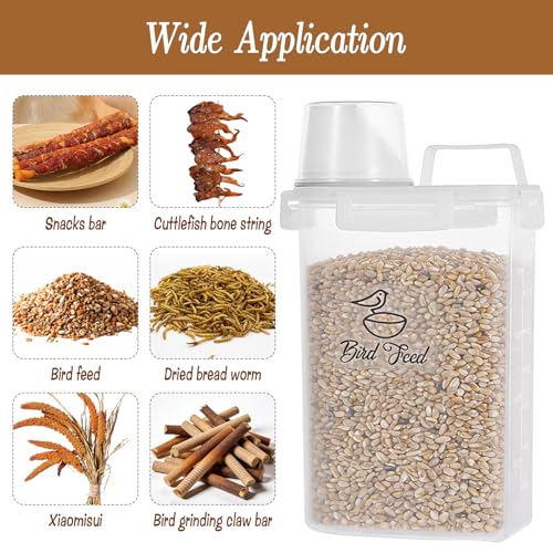 2 Pack Bird Seed Storage Container Airtight- 3 Qt/2.8L Portable Bird Seed Dispenser Pet Food Container with Measuring Cup for Birds Seeds Chicken Feed Pet Food Rice Grain Flour, BPA Free