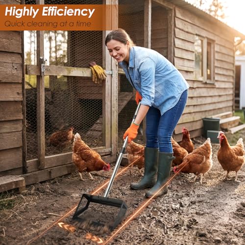 Biupky 10inch Chicken Poop Scooper & Rake, Chicken Litter Scoop with Handle for Chicken Coop & Pet Waste Cleaning for Chicken Coop, Goat Stall, Stable, Litter Sifting Shovel（24 to 63"