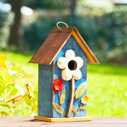 Glitzhome Hanging Bird House for Outdoor, 10.2" H Decorative Birdhouse Pet Cottage Distressed Wooden Bluebird House with 3D Flowers for Outdoor Patio Garden, Washed Blue - color: 10.2"H Flower Washed Blue