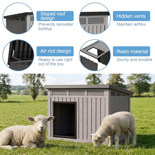 DRATO Goat House, Weather Resistant Resin Dog Houses with Sloped Roof & Louvered Ventilation, Outdoor Small Animal Shelter for Goats and Pets, Easy Assemble, Grey - color: Grey, size: 32.2*25.12*24.13