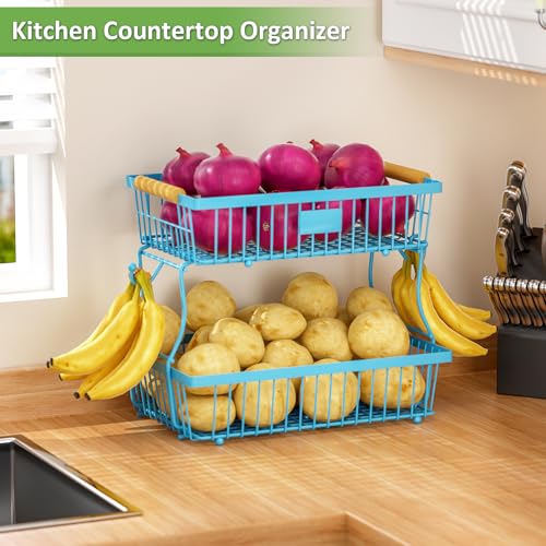 2 Tier Fruit Basket for Kitchen Counter with 2 Banana Hangers, Countertop Metal Bread Basket with Wooden Handle, Large Storage Stand for Vegetables, Snacks, Eggs, Produce Storage – Blue - color: Blue, size: 2 Tier