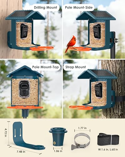 Bird Feeder with Camera Solar Powered 2K Video with 32GB Card Auto Capture | Instant App Alert, AI Identify, Easy Refill, 1.8L Capacity, IP65 Weatherproof, Pole/Bracket Mount, 3 DIY Add-ons, 2.4G Wifi - color: Blue