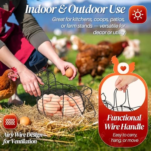 Flexzion Chicken Egg Holder, Black, Rectangular Wire Basket with Handle for Eggs, Fruits, Vegetables, Countertop, Farmhouse Rustic Style - size: Medium Chicken Basket