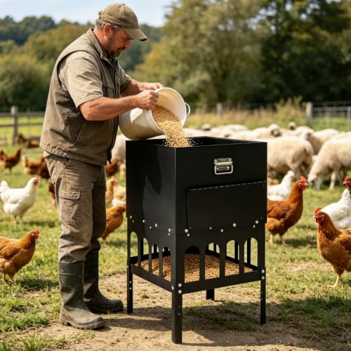 16-Ports Large Chicken Feeder with Grille & Baffle, No Waste Feeder | 80-100LBS Gravity Automatic Feeder with Sloped Roof Lid, Rainproof Heavy-Duty Poultry Feeder for All Poultry