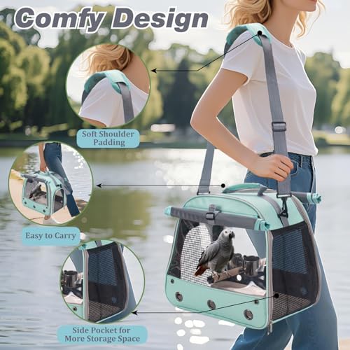Bird Carrier Parrot Travel Cage with Perch, Food Bowl, Tray and Breathable Clear Window, Bird Travel Bag for African Gray Cockatiel Caique Conure Quaker, for Vetting Camping Hiking (Blue) - color: Blue