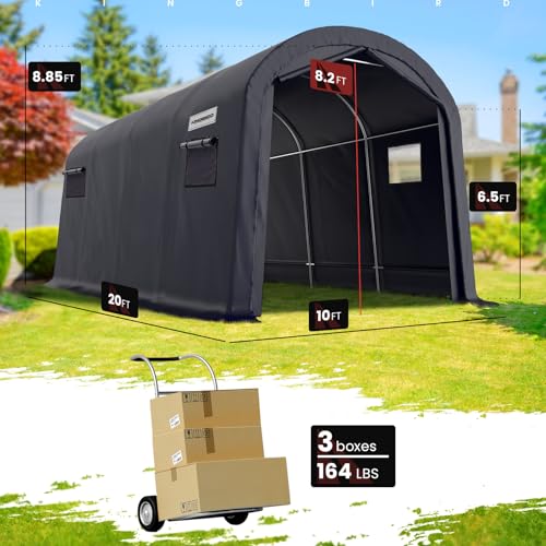 KING BIRD 10' x 20' Round Style Garage Carport Shelter with Roll-up Ventilated Windows Heavy Duty Storage Portable Canopy Storage Shelter Shed for Boat, Patio Furniture and Lawn Mower-Dark Gray - size: 10'X20'
