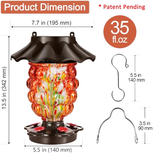 LUJII Solar Hummingbird Feeder for Outdoor Hanging, RGB Illuminated Hand-Blown Glass Lantern, 35 fl.oz, Leak-Free & Rust-Resistant, Metal Cap with 5 Feeding Ports, Pineapple Design, Red - color: Red