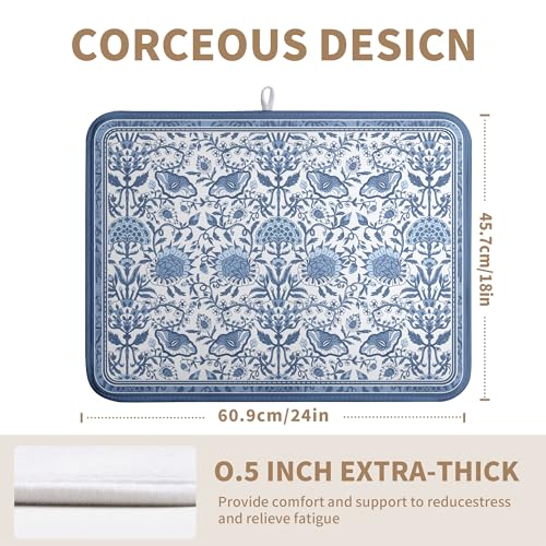 Blue Floral Dish Drying Mat for Kitchen Counter Boho Flowers Dishes Drainer Mats Rustic Farmhouse Microfiber Absorbent Dish Draining Spring Summer Reversible Dish Rack Pad Large 18x24 Inch - color: Blue Floral, size: 18" x 24"