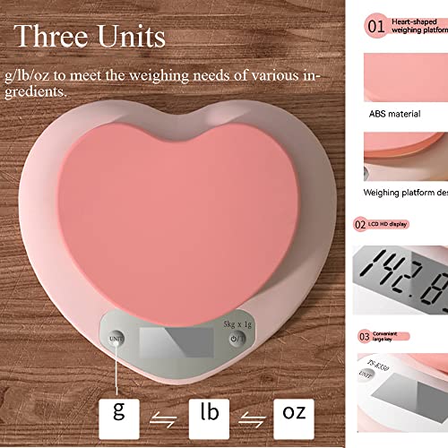 Cute Kitchen Scale, Digital Food Scale with LCD Display, 11 ib (5kg) Capacity, 0.03 oz (1g) Precise Weight Measuring for Baking Cooking (Pink)