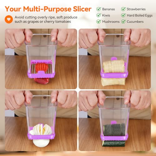 Fruit Slicer Cup for Strawberry, Banana, Hard-Boiled Egg - Detachable Cutter with Push Plate - Rapid & Safe Slicing Kitchen Gadget for Quick Meal Prep (Purple) - color: Purple