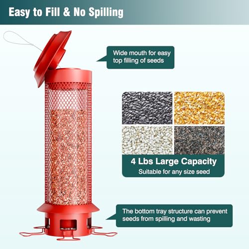 Heavy-Duty Squirrel Proof Bird Feeder, Removable Tray for Easy Cleaning, Weight-Activated Cage, 5 Perches, 4 Lb Capacity, Tube Metal Bird Feeder for Outdoors Cardinals, Finches - color: Red