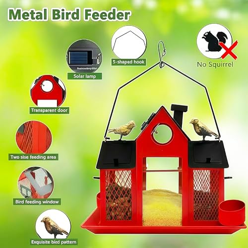 Solar Bird Feeders House for Outside Hanging, Metal Wild Bird Feeder for Outdoors Large Capacity Cardinal Birdfeeder Birdhouses Metal Bird Feeding Station Red - color: red