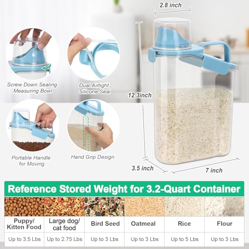 TBMax 2 Pack Rice Container Cereal Storage Container 3.2 Quarts, Kitchen Pantry Dry Food Storage Holder with Easy-Pouring Spout & Handy Cup, Small Pet Dog Cat Food Dispenser for Daily Feeding - color: Beige&Blue 3.2+3.2Qt