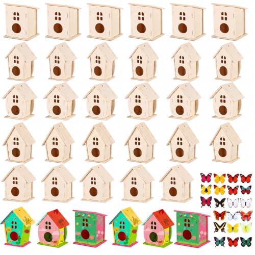 Sawysine 93 Pcs DIY Birdhouse Kits for Kids to Build, 36 Wooden Bird House 6 Shapes and 57 Butterfly Sticker for Children Summer Craft Activity Art Project DIY(Round Entrance) - style: Round Entrance