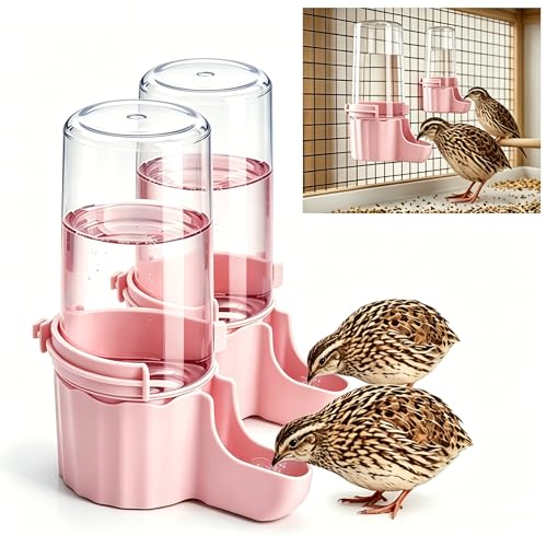 Button Quail Waterer with 1.5cm Narrow Safety Tray, 2 Pack 16.6 oz Baby Quail Chick Waterer, Automatic Gravity Water Dispenser with Integrated Hooks for Wire Mesh Cages and DIY Brooders, (Pink)