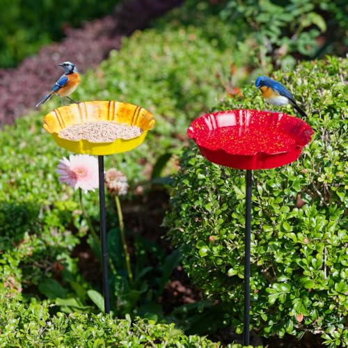 DREAMSOUL 2 Pack Bird Bath with Stake, Metal Garden Birdbath | Solid Metal Structure, Stable Ground Stake, Weather Resistant Red & Yellow Bird Bath for Outside Garden All-Year Use - size: 2PCS