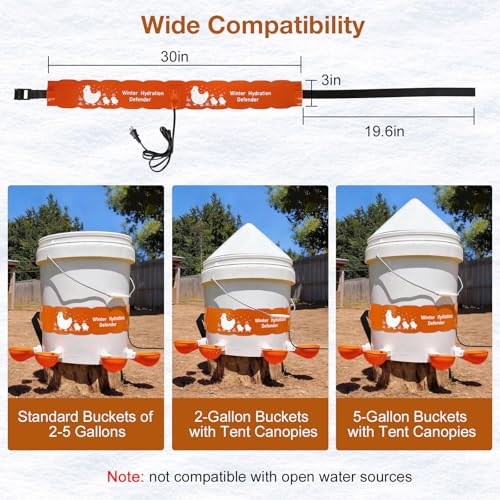 Thermostat Chicken Waterer Heater, Thermo Bucket Belt Heated Strap for 2-5Gal Bucket Chicken Waterers with 6ft Power Cord, 77℉ Automatic Shut-Off, Safe for Outdoor Use, Poultry Water Deicer