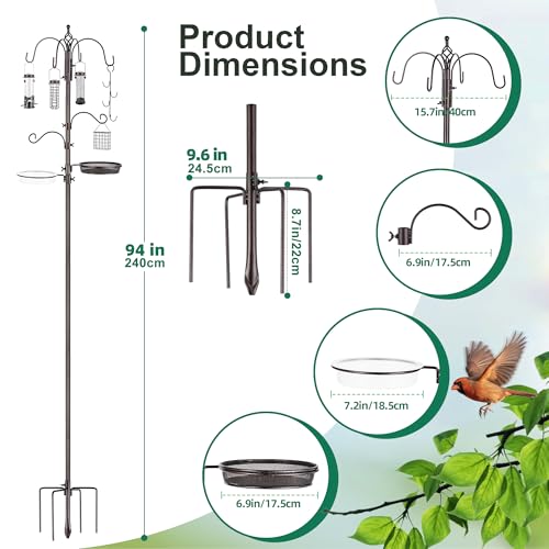 Bird Feeding Station Kit Pole Wild Bird Feeder Hanging Planter Hanger Multi Feeder Hanging with Metal Suet Feeder Bird Bath for Attracting Wild Birds - size: 94 Inch