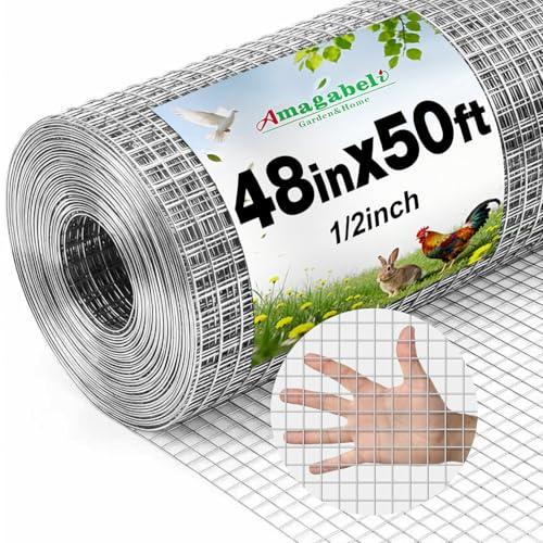 Amagabeli Galvanized Hardware Cloth 1/2 inch 48inx50ft 19 Gauge Chicken Wire Fence Welded Wire Mesh Roll Plant Supports Poultry Netting Garden Bed Animal Cage Snake Rabbit Wire Gopher Rodent Proof - size: 1/2" 48" x 50'