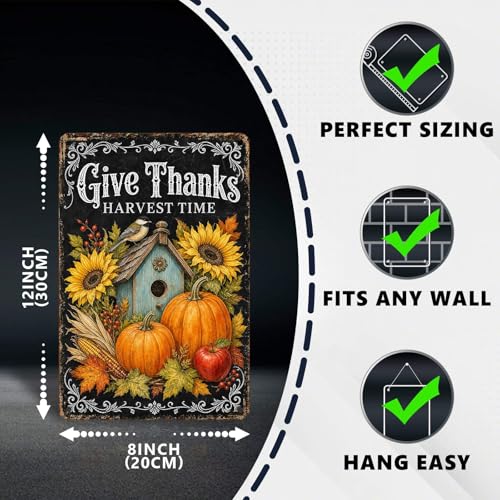 Give Thanks Birdhouse Tin Sign Sunflower Pumpkin Fall Wall Art for Kitchen Dining Room Living Room Porch Entryway and Rustic Farmhouse Home Decor 12 * 8In - color: Vintage Thanksgiving Tin Sign 10, size: 20X30cm(12*8in)