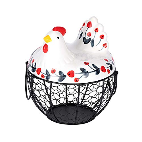 Chicken Design Ceramic Egg Storage Basket Iron Basket Holds 20-25 Eggs, Egg Holder, Organizer Case, Container Egg Basket Holder - color: cherry with black basket