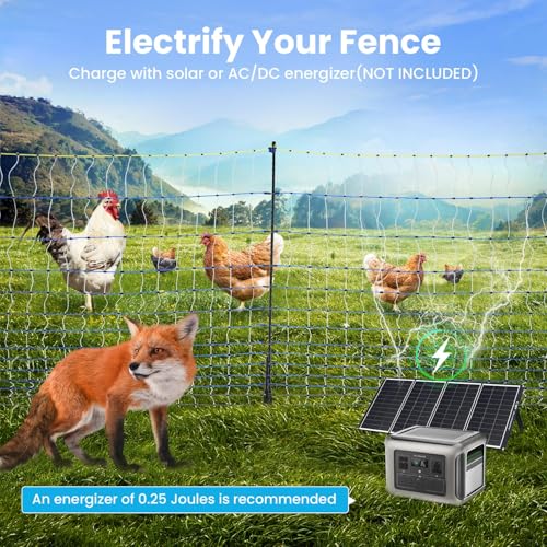 Poultry Netting Electric Fence,47.2" H x 164'L, Electric Chickens Fence | for Chickens, Ducks, Turkeys, PE Net Fencing Kit with Posts & Double-Spiked Stakes, Used in Backyards, Farms - size: 47.2" H x 164'L