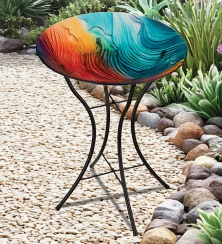 Regal Art & Gift Glass Bird Bath with Metal Stand, Outdoor Garden Decor | Swirl Multi, 18 in Bowl, 23 in Tall, Metal & Glass, Easy to Fill, Weather-Resistant Decor for Patio, Porch & Garden - color: Multi-Colored